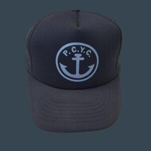 P.C.Y.C. Navy Blue Trucker Hat With Anchor Logo By Sportco Adjustable Mesh Back